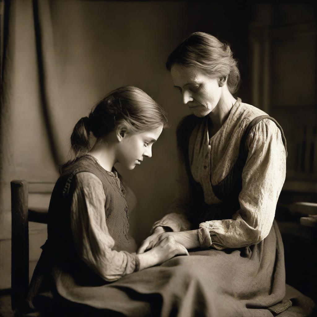 A touching scene of a mother and daughter in the 1890s, depicting their life in poverty