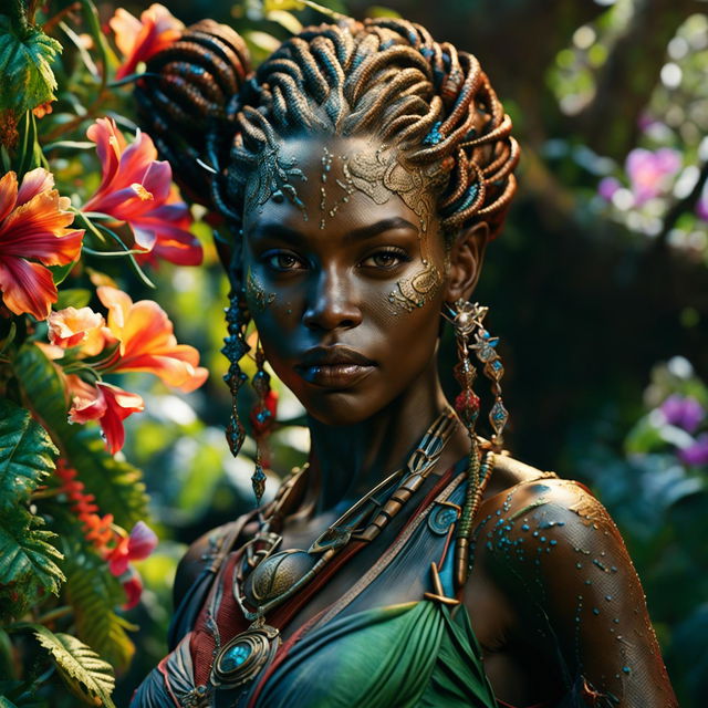 Hyper-realistic 3D image of an intense close-up of a different African elf woman with braids in a rococo outfit, standing in a vibrant, magical African jungle. Her face is intricately detailed, and the image is shot with immaculate composition and lighting.