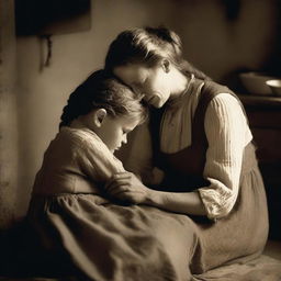 A touching scene of a mother and daughter in the 1890s, depicting their life in poverty