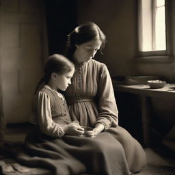 A touching scene of a mother and daughter in the 1890s, depicting their life in poverty