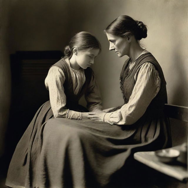 A touching scene of a mother and daughter in the 1890s, depicting their life in poverty