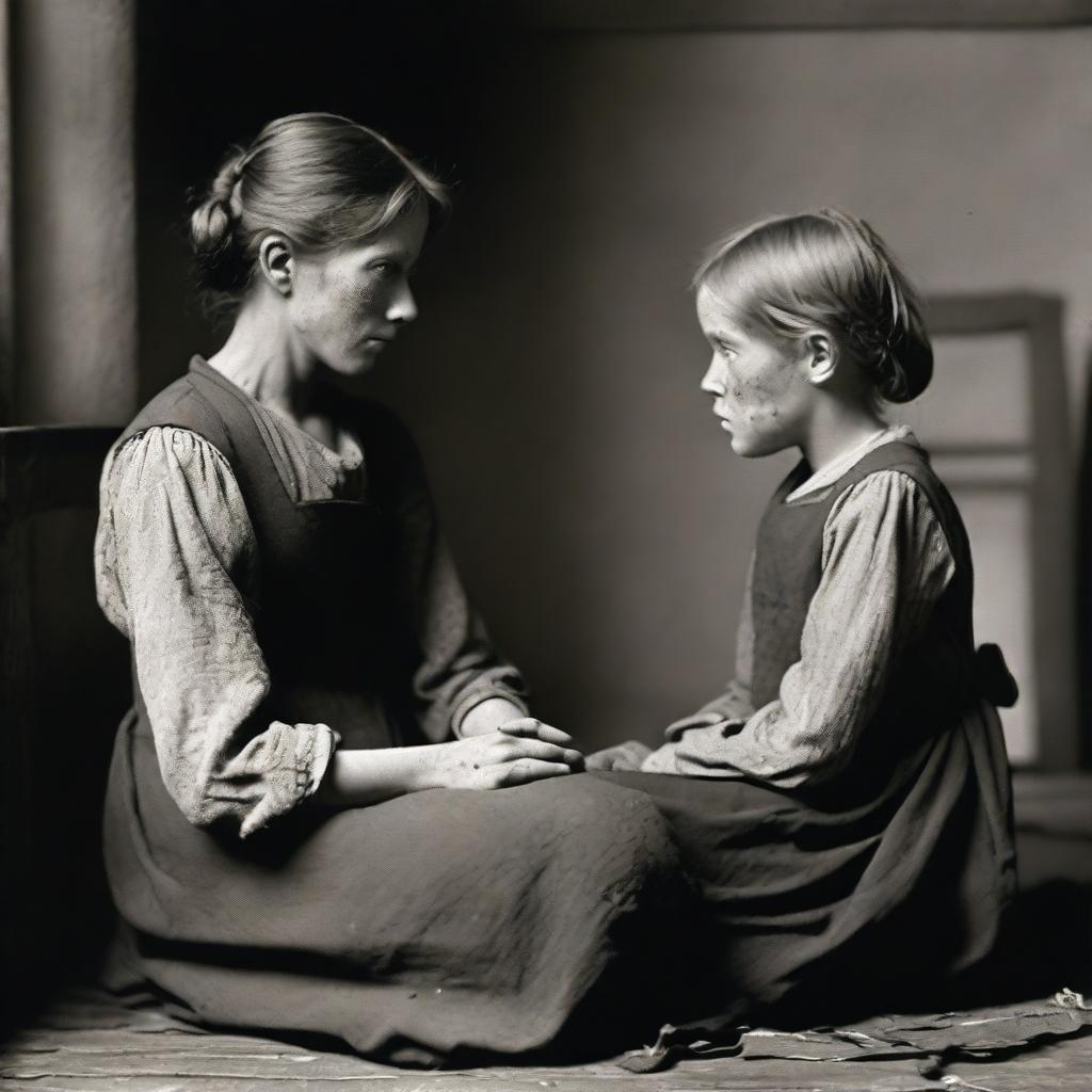 A poignant scene of a mother and daughter in the 1890s, depicting their life as part of a coal mining family living in poverty