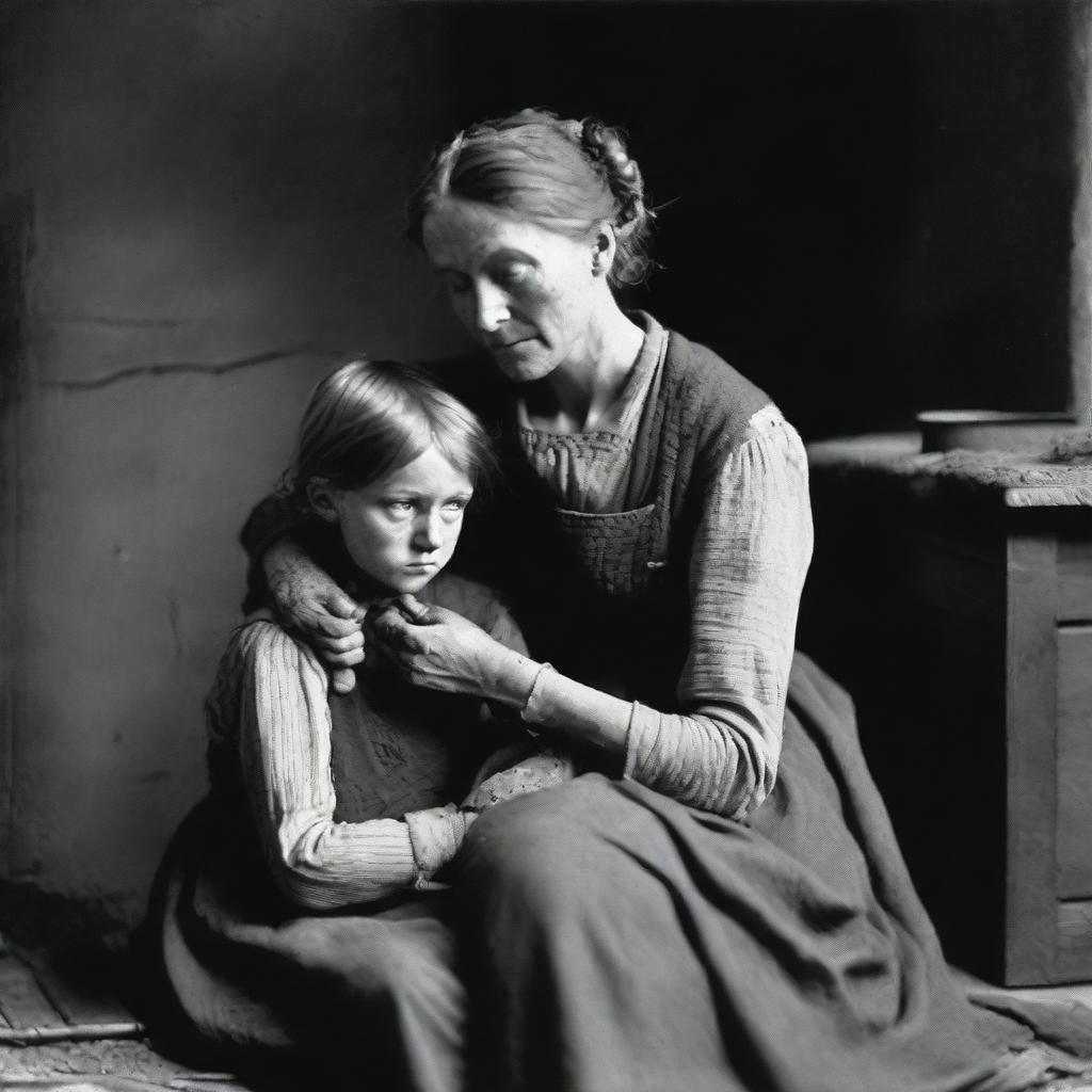 A poignant scene of a mother and daughter in the 1890s, depicting their life as part of a coal mining family living in poverty