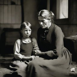 A poignant scene of a mother and daughter in the 1890s, depicting their life as part of a coal mining family living in poverty