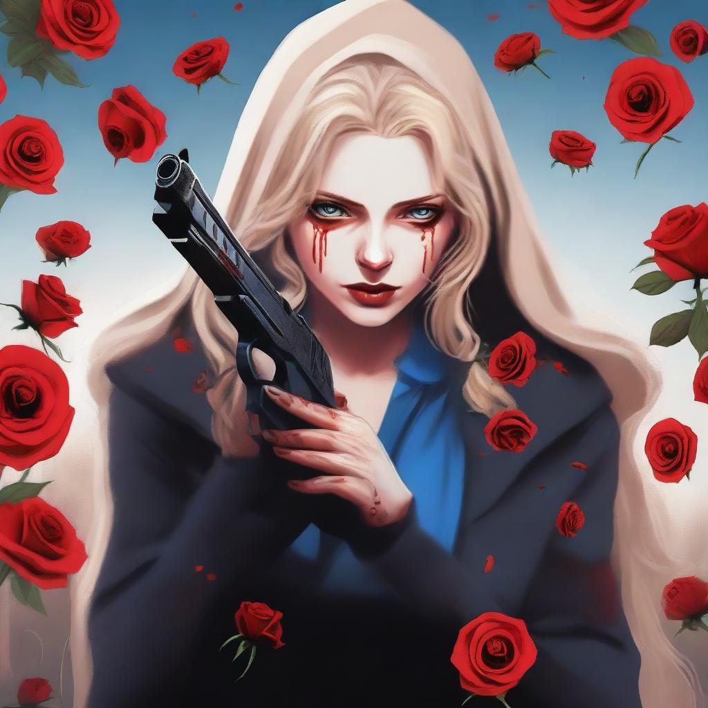 A blonde woman with a red hood and blue eyes crying while holding a gun