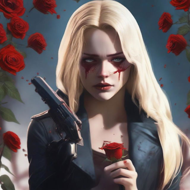 A blonde woman with a red hood and blue eyes crying while holding a gun