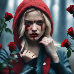 A blonde woman with a red hood and blue eyes crying while holding a gun