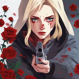 A blonde woman with a red hood and blue eyes crying while holding a gun