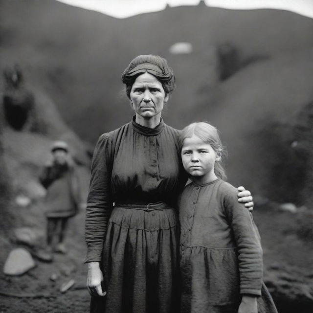 A poignant scene of a mother and daughter in the 1890s, depicting their life as part of a coal mining family living in poverty