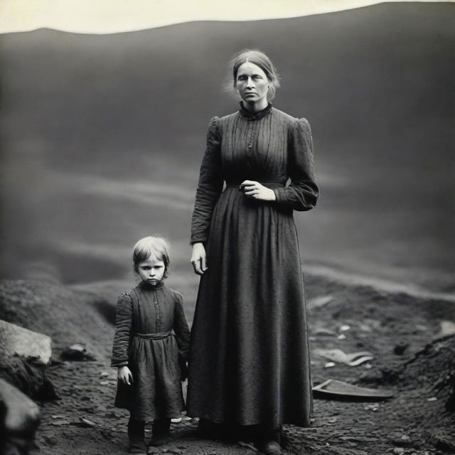 A poignant scene of a mother and daughter in the 1890s, depicting their life as part of a coal mining family living in poverty