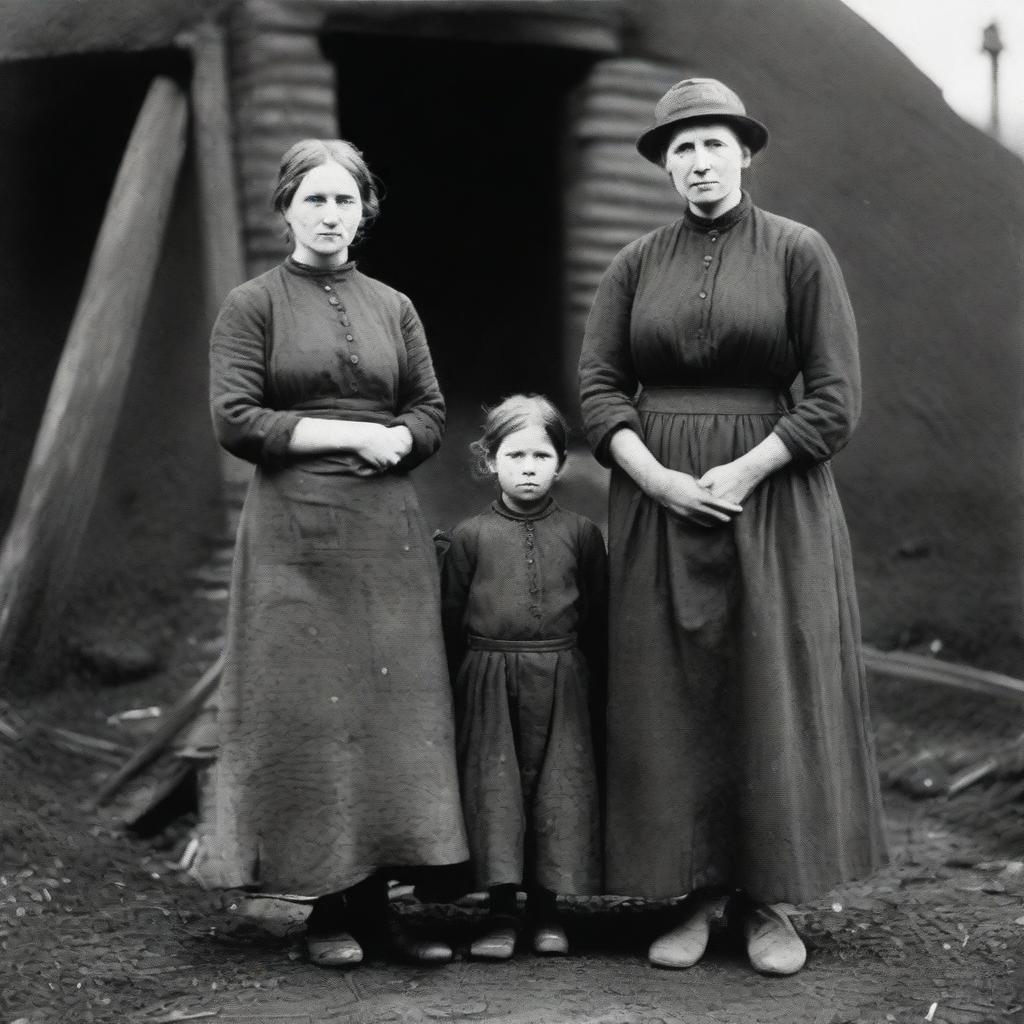 A poignant scene of a mother and daughter in the UK during the 1890s, depicting their life as part of a coal mining family living in poverty