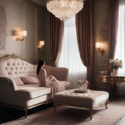 A tasteful boudoir scene featuring elegant and luxurious decor, soft lighting, and a sense of intimacy