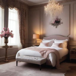 A tasteful boudoir scene featuring elegant and luxurious decor, soft lighting, and a sense of intimacy