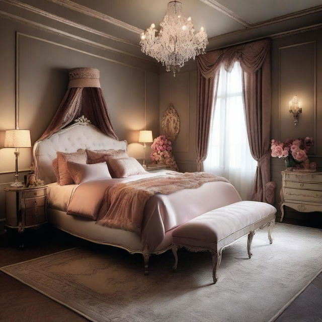 A tasteful boudoir scene featuring elegant and luxurious decor, soft lighting, and a sense of intimacy