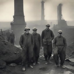 A historical scene depicting coal miners in England in the 1890s