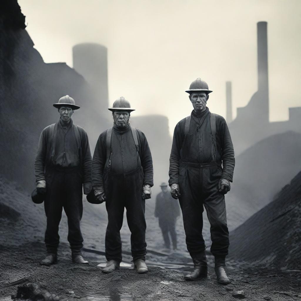 A historical scene depicting coal miners in England in the 1890s