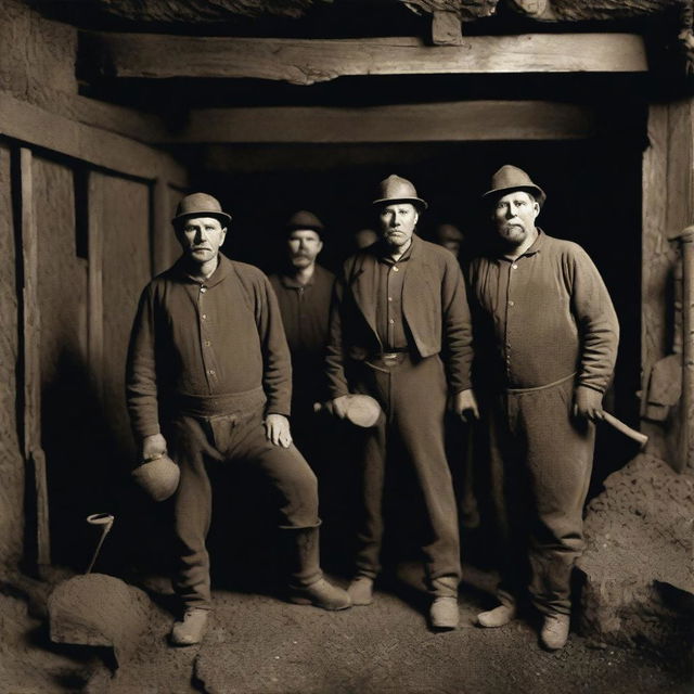 A historical scene depicting coal miners in England in the year 1899