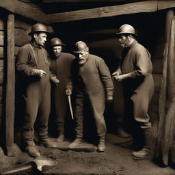 A historical scene depicting coal miners in England in the year 1899