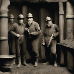 A historical scene depicting coal miners in England in the year 1899