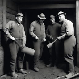 A historical scene depicting coal miners in England in the year 1899