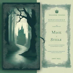 A captivating book cover design featuring a mysterious forest with a winding path leading to an ancient castle in the distance