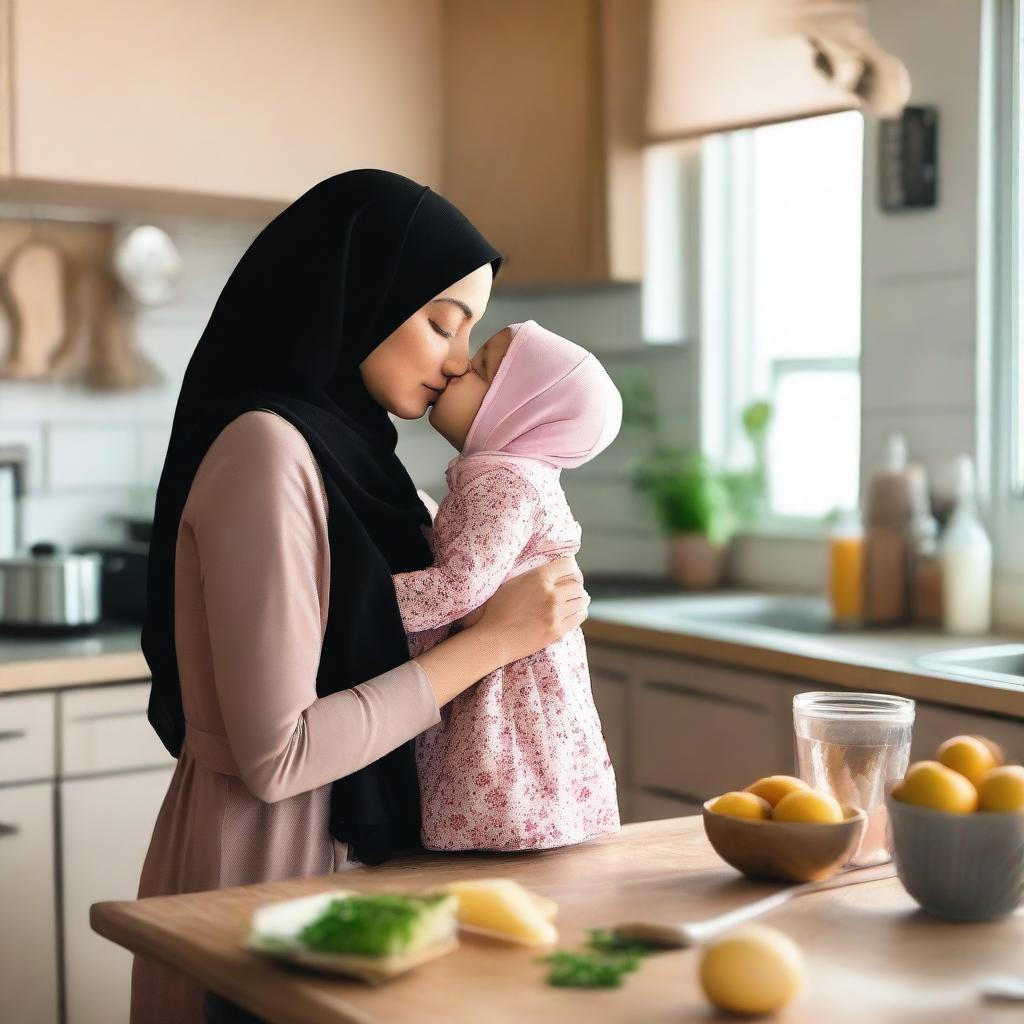 A heartwarming scene of a mother wearing a hijab kissing her young daughter in a cozy kitchen