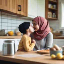 A heartwarming scene of a mother wearing a hijab kissing her young daughter in a cozy kitchen