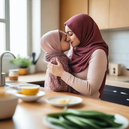 A heartwarming scene of a mother wearing a hijab kissing her young daughter in a cozy kitchen
