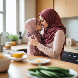 A heartwarming scene of a mother wearing a hijab kissing her young daughter in a cozy kitchen