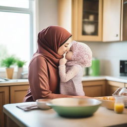 A heartwarming scene of a mother wearing a hijab kissing her young daughter in a cozy kitchen