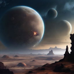 A detailed image of extinct planets, showcasing their desolate landscapes, crumbling structures, and remnants of ancient civilizations