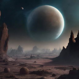 A detailed image of extinct planets, showcasing their desolate landscapes, crumbling structures, and remnants of ancient civilizations