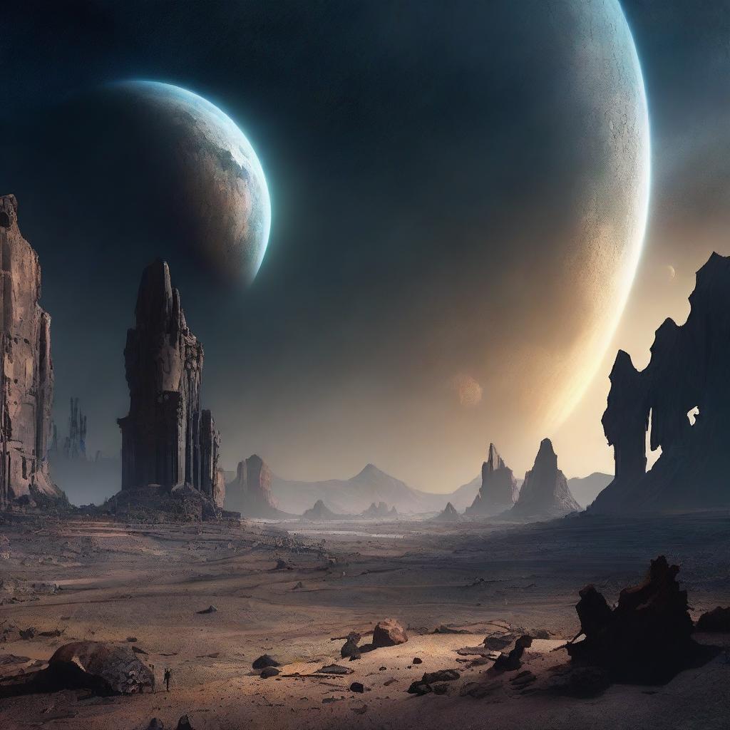 A detailed image of extinct planets, showcasing their desolate landscapes, crumbling structures, and remnants of ancient civilizations