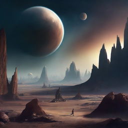 A detailed image of extinct planets, showcasing their desolate landscapes, crumbling structures, and remnants of ancient civilizations