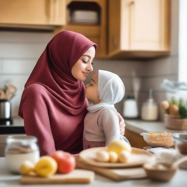 A heartwarming scene of a woman wearing a hijab kissing her young daughter on the lips in a cozy kitchen