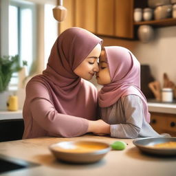 A heartwarming scene of a woman wearing a hijab kissing her young daughter on the lips in a cozy kitchen