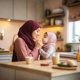 A heartwarming scene of a woman wearing a hijab kissing her young daughter on the lips in a cozy kitchen