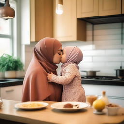 A heartwarming scene of a woman wearing a hijab kissing her young daughter on the lips in a cozy kitchen