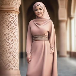 A confident woman wearing a hijab and a stylish dress