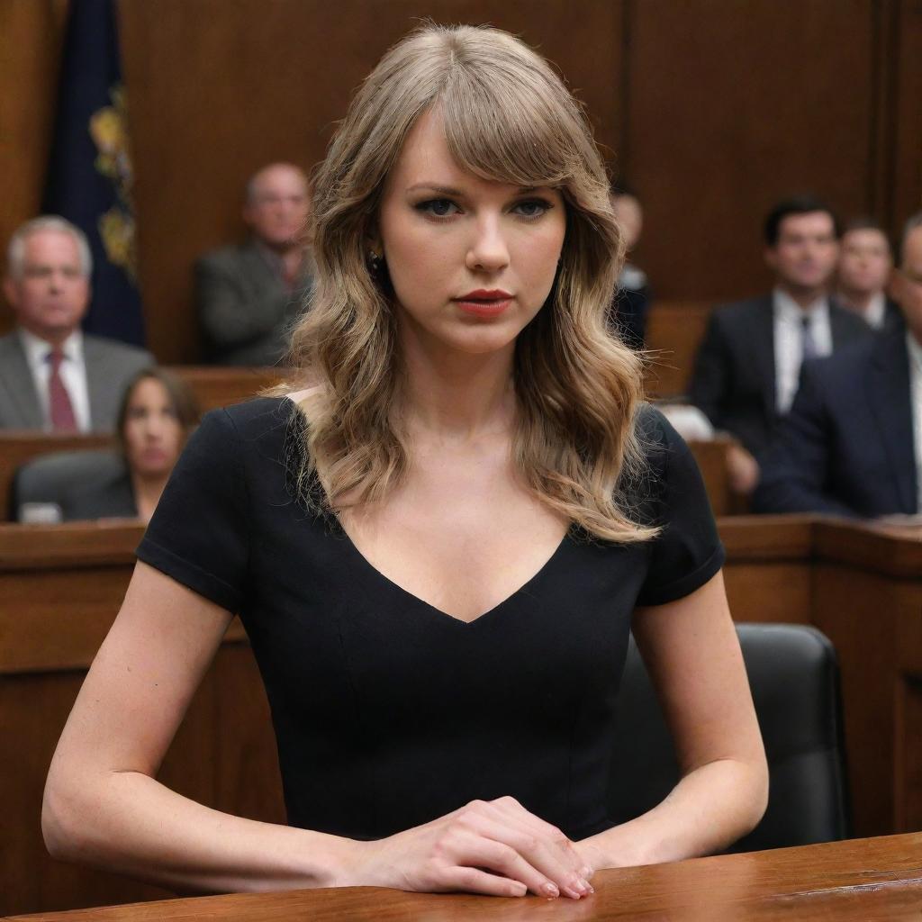 Taylor Swift in an authoritative stance in a courtroom, taking legal action against a fictional entity named 'Zvbear', projecting a commanding presence.