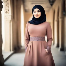 A confident woman wearing a hijab and a stylish dress