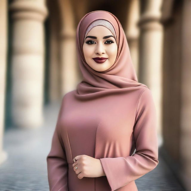 A confident woman wearing a hijab and a stylish dress