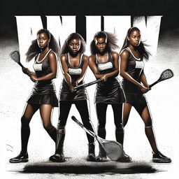 Create a movie poster for 'Girls Night In', a violent thriller about four black female field hockey players who have to fight off an intruder