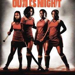 Create a movie poster for 'Girls Night In', a violent thriller about four black female field hockey players who have to fight off an intruder