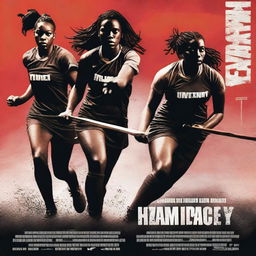 A movie poster for a violent thriller featuring four black female field hockey players