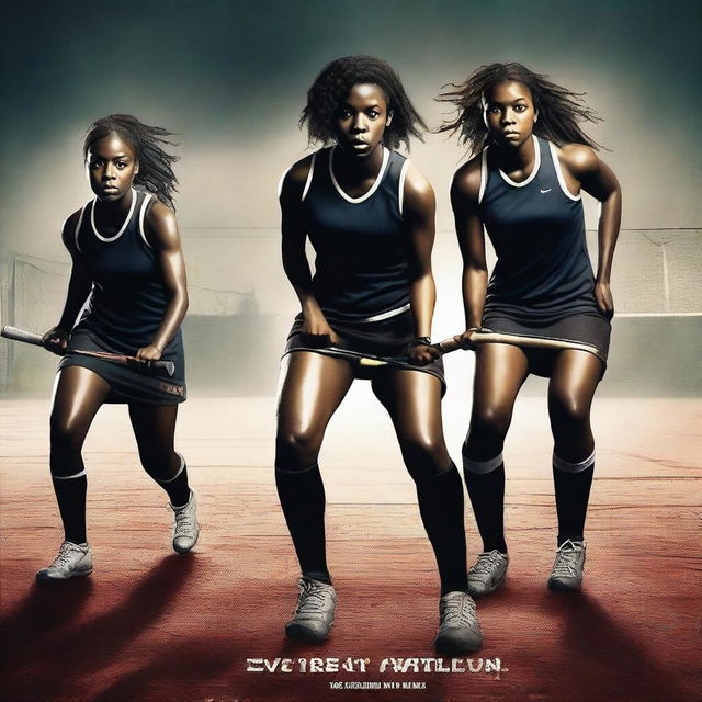 A movie poster for a violent thriller featuring four black female field hockey players