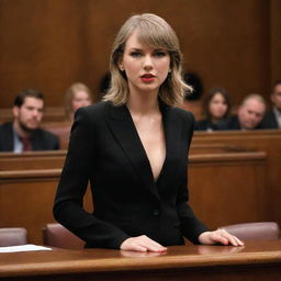 Taylor Swift in an authoritative stance in a courtroom, taking legal action against a fictional entity named 'Zvbear', projecting a commanding presence.