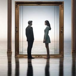 A highly detailed, photorealistic artwork of a couple separated by two worlds with a mirror between them