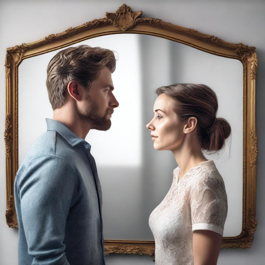 A highly detailed, photorealistic artwork of a couple separated by two worlds with a mirror between them