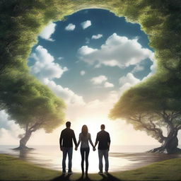 A highly detailed, photorealistic artwork of a couple separated by two worlds